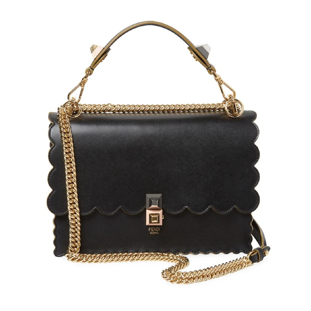 Gorjy | Fendi Kan I Black Calf Leather Gold Chain Studded Shoulder Bag ...