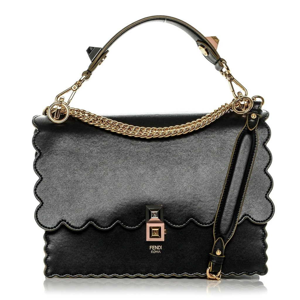 Gorjy | Fendi Kan I Black Calf Leather Gold Chain Studded Shoulder Bag ...